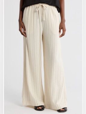 MAX STUDIO M Linen Black Pin stripe wide leg drawstring pants